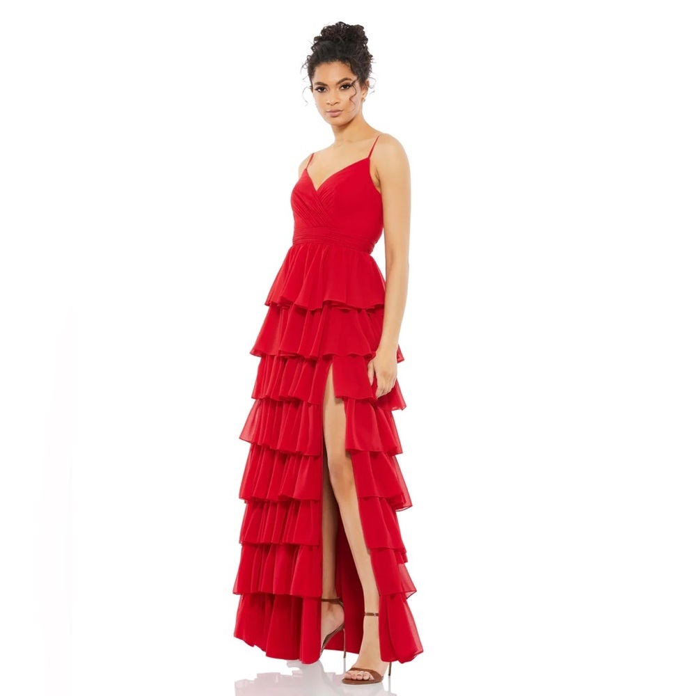 NWT Mac Duggal 55416 Sleeveless Bold Tiered Ruffle Gown Dress Thigh Slit Prom